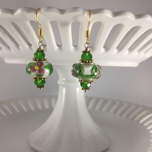 Handmade Earrings Unique Design Green White Pink Teal Gold Plated